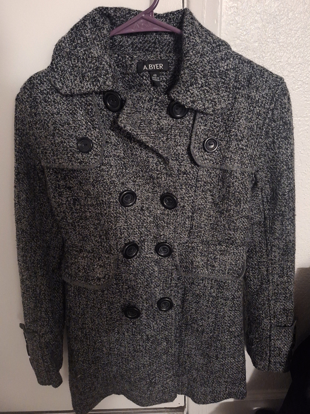 A. Byer Women's Gray Tweed Double-Breasted Peacoat